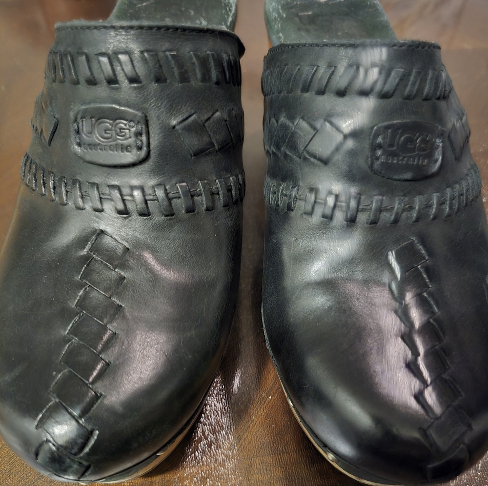 UGG Black Woven Leather Mules